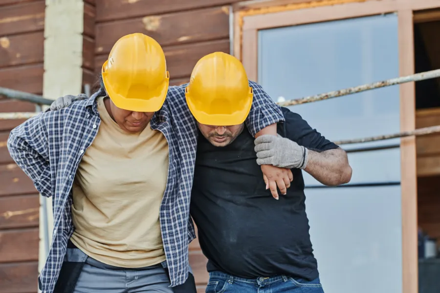 A worker supporting an injured co-worker on a construction site