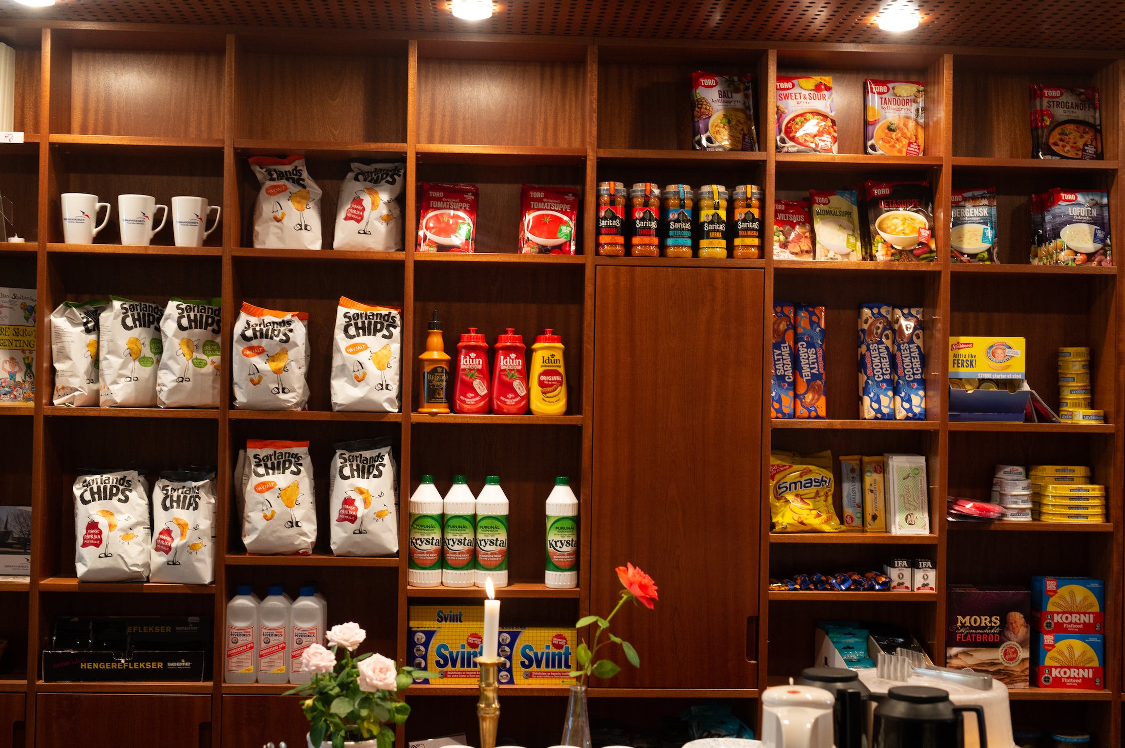 A shelf with FMCG products