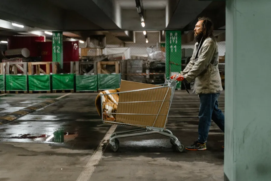 A homeless man pushing shopping cart