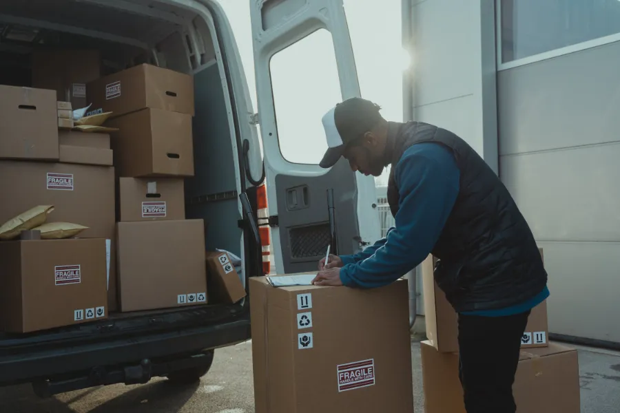 Delivery man documenting packages ready dispatch